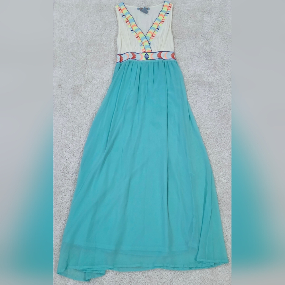 Flying Tomato Turquoise and Cream Maxi Dress with Colorful Embroidered Detail